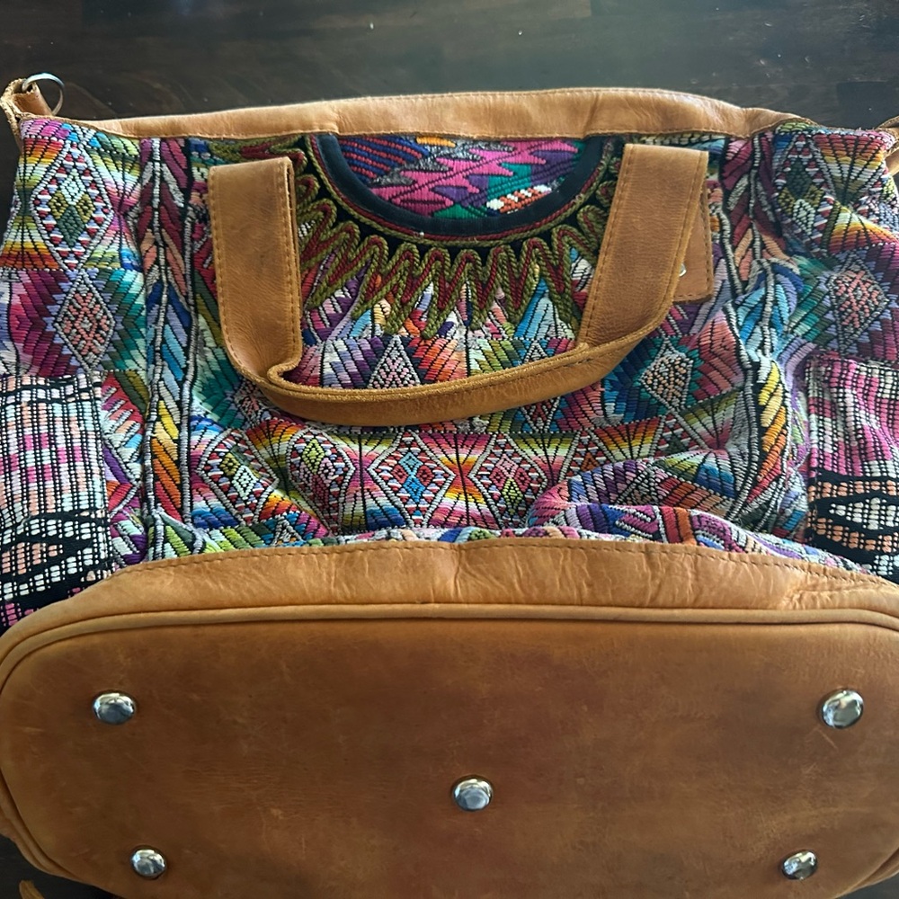 Nena & co soft brown leather Colorful Woven Tote Bag with Tan Leather Accents